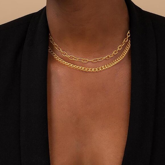 14K Gold Chain Plated Paperclip & Cuban Link Layered Choker Necklace - Trendy - Picture 6 of 9
